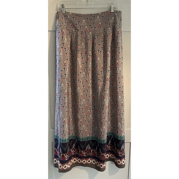 Anthropologie Heyhoe Maxi 100% Silk Skirt Maxi Boho Taupe Multi Geometric Sz 12 - Picture 4 of 4